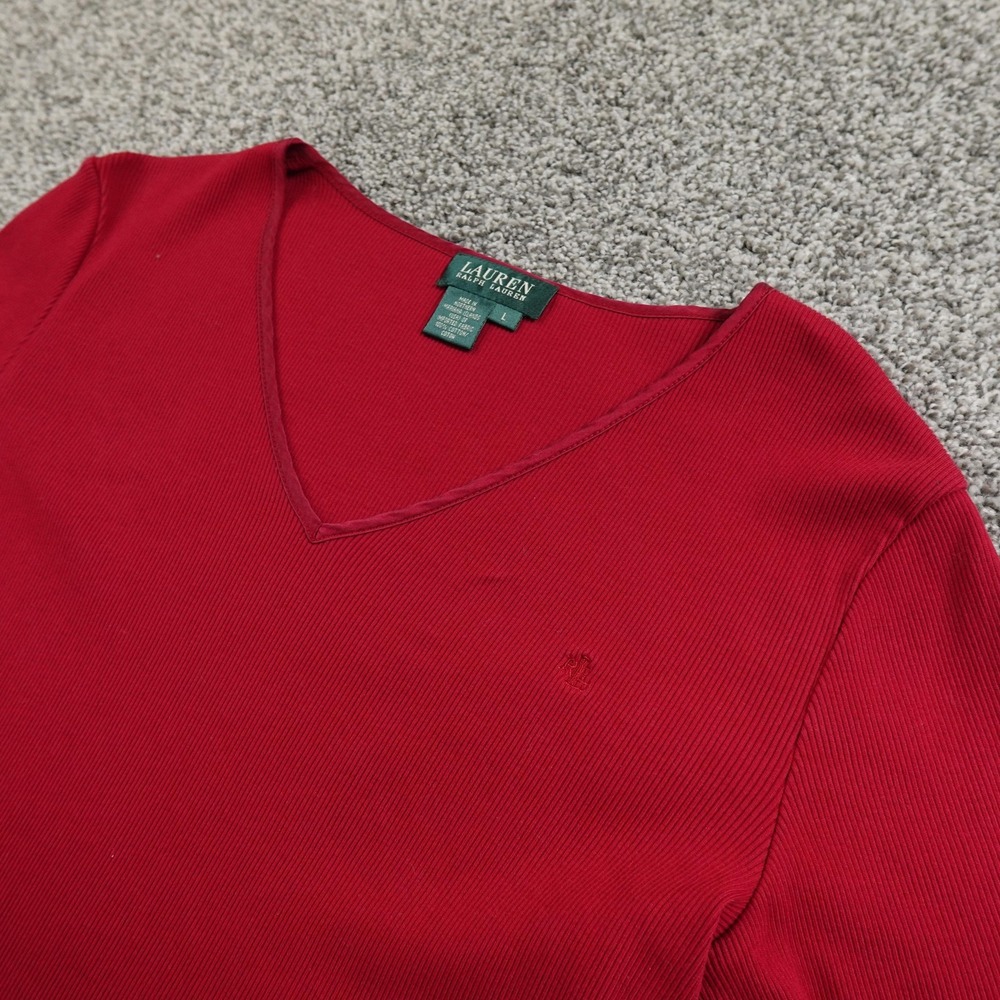 VTG Ralph Lauren Sweater Womens L Red Pullover V Neck Ribbed Knit Shirt USA 90s